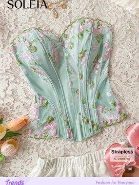 SHEIN Mint Green Strapless Floral Embroidered Corset